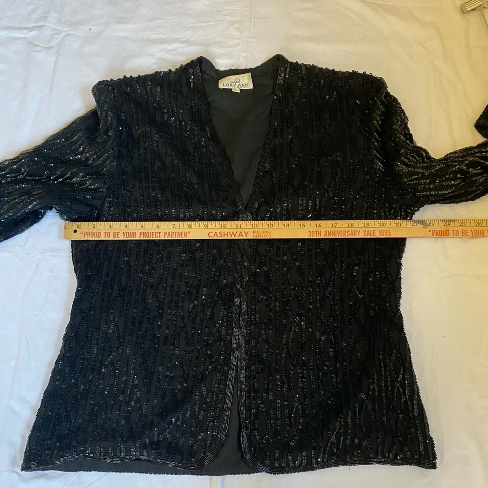 Vintage Whimsygoth Womens Black Silk Hand Beaded Sequin Embellished Blazer 15/16 - Picture 8 of 13